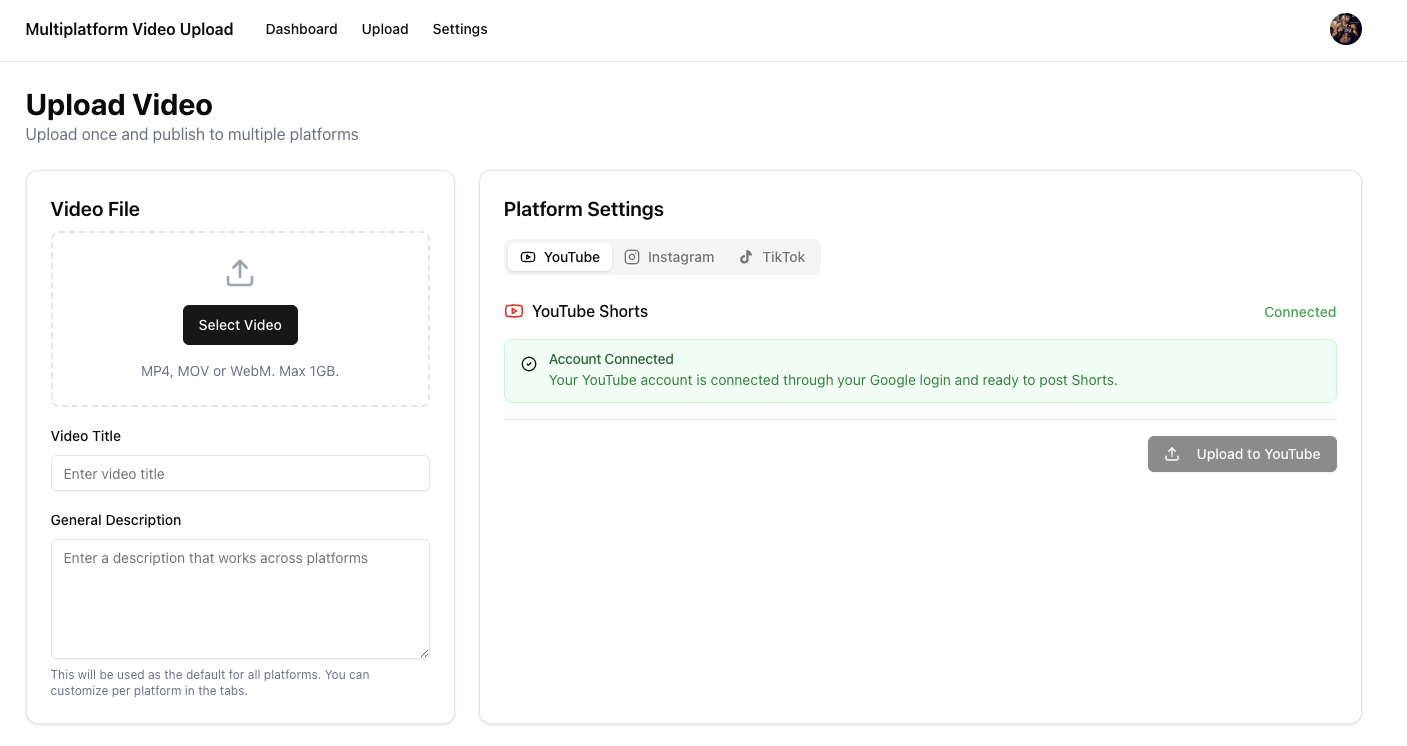 Multiplatform Video Upload Upload Page